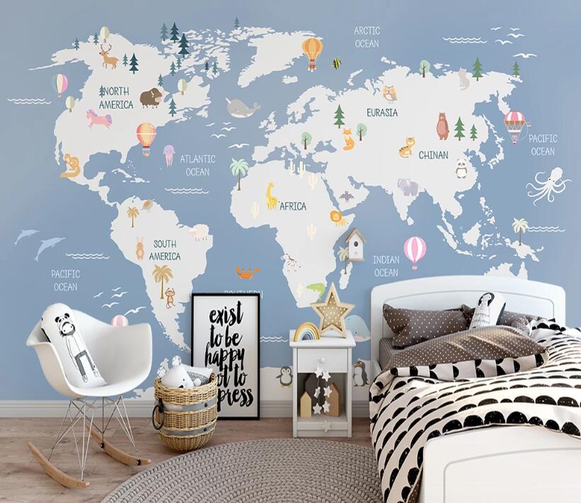 Custom wallpaper world map background wall decoration children's room map hot air balloon background 3d wallpaper mural