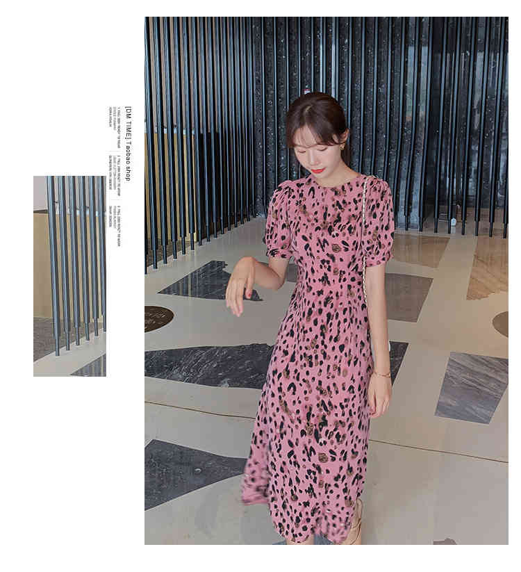 summer Puff Short Sleeve Summer Midi Pink Leopard Dress Vintage Women Elegant Ladies O-Neck Casual slim chic 210519