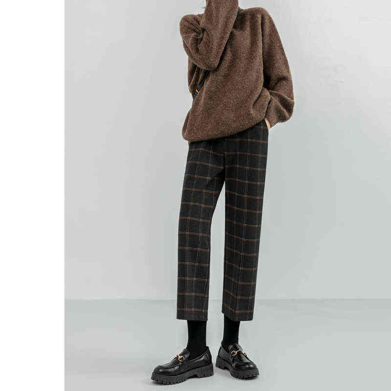 Seoulish Autumn Winter Woolen Plaid Women Formal Straight Pants High Waist Ankle-Length Chic Loose Ladies Pocket 211115