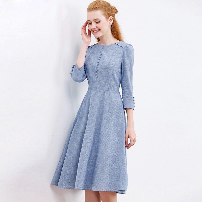 Blue Women Dress Plaid Elegant O-Neck Half Sleeve Buttoned Up A-Line Office Lady Knee Spring 210518
Blue Women Dress Plaid Elegant O-Neck Half Sleeve Buttoned Up A-Line Office Lady Knee Spring 210518