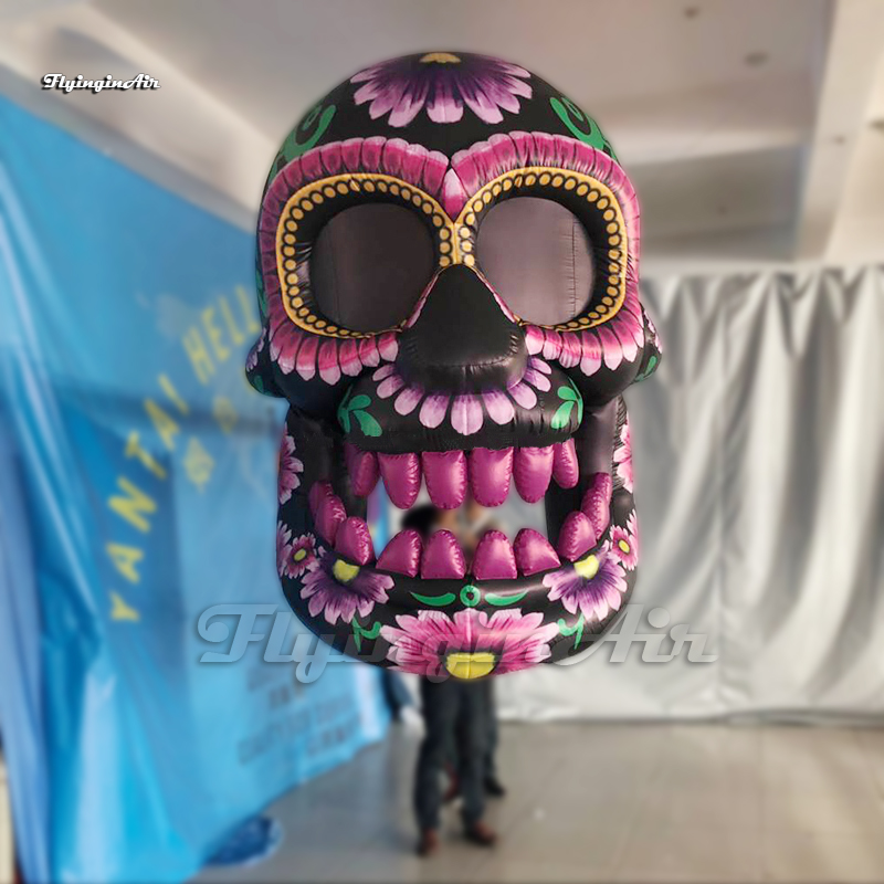Outdoor Halloween Parade Performance Walking Inflatable Skull Puppet 3m Height Purple Moveable Blow Up Human Head Bone Balloon For Event
