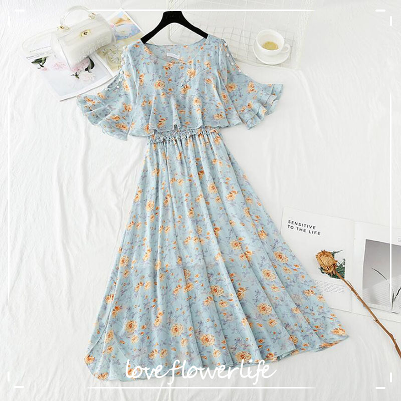 Floral Print Chiffon Dress Summer Fashion Flare Sleeve O-Neck Dew Party Vestidos Elegant Women Midi Dress 210521
