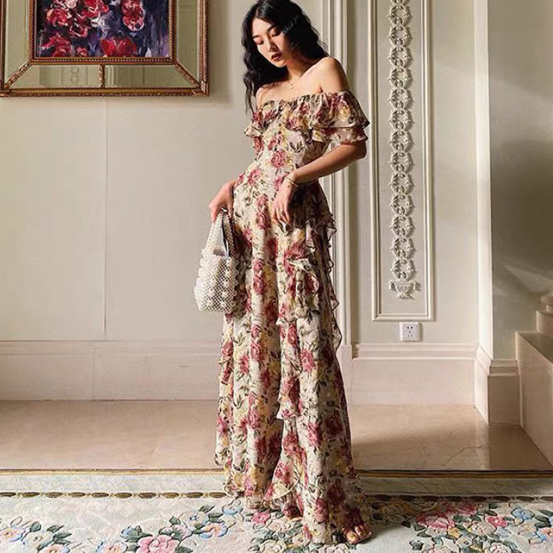 victorian flower printed slash neck sweet elegant maxi asymmetrical ruffles high quality dresses christmas 210421