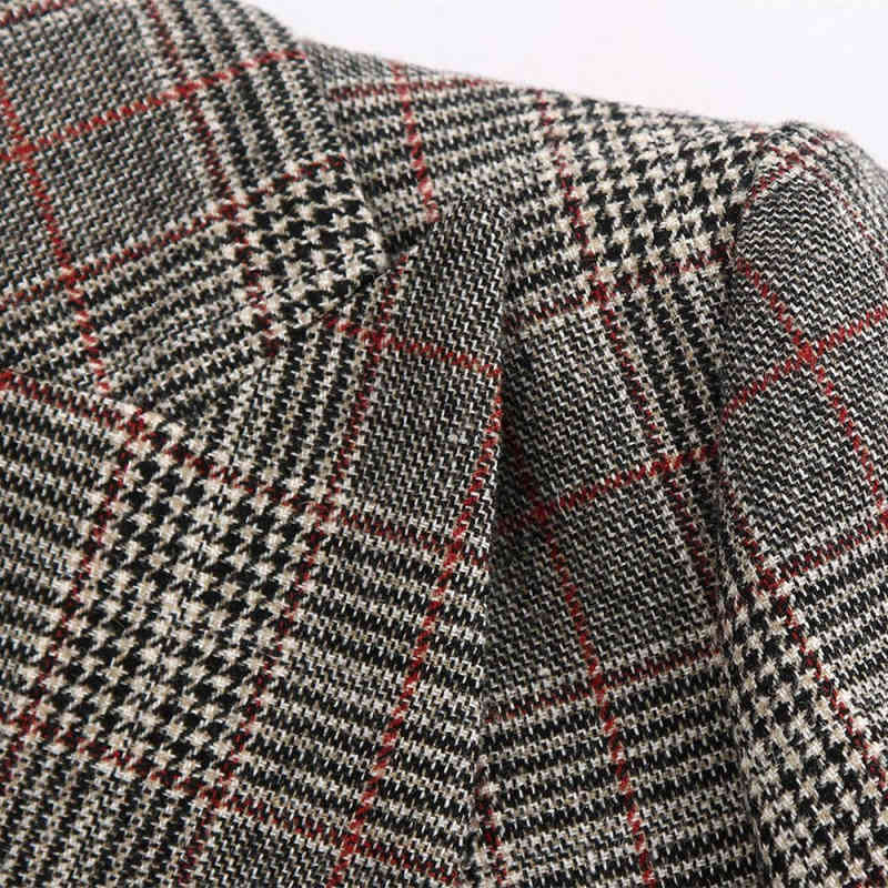 Vintage Woman Grey Plaid Patchwork Blazer Coat Spring Fashion Office Ladies Basic Booton Jackets Female Elegant Coats 210515