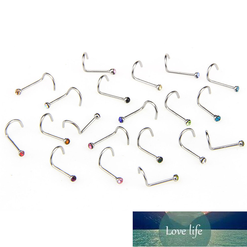 20pcs/lot Stainless Steel Crystal Rhinestone Nose Studs Hooks Bar Pin Nose Rings Body Piercing Jewelry For Women