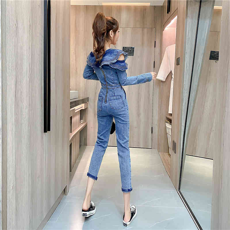 Fashion Women Vintage Bodysuit High Waist Bodycon Rompers Zipper Ruffles Woman Off Shoulder Denim Overalls Jumpsuit 210519