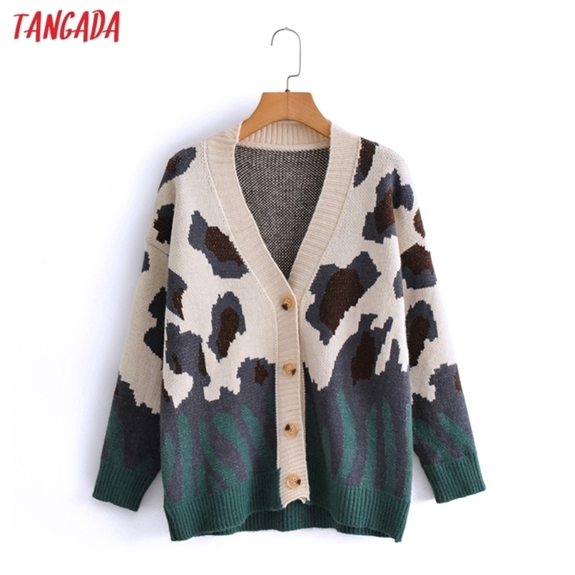 Tangada Autumn Women Green Leopard Print Knitted Cardigan Sweater Jumper Vintage Long Sleeve Button-up Female Outerwear 3A5 210914