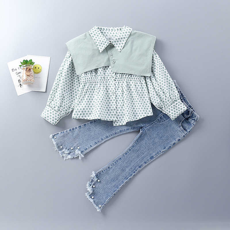 2-7 Years High Quality Spring Girl Clothing Set Fashion Casual Dot Shirt + Jeans Kid Children Girls 210615