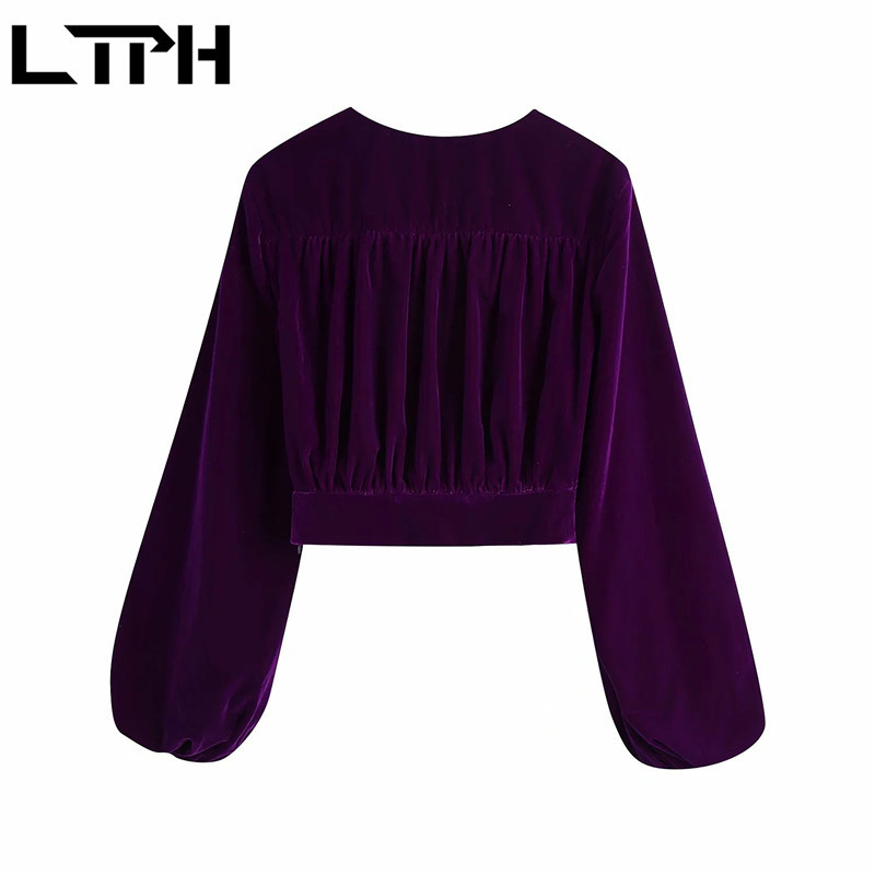 vintage V-Neck velour short women shirts Blouse Lantern sleeve purple temperament All-match tops Spring Autumn 210427