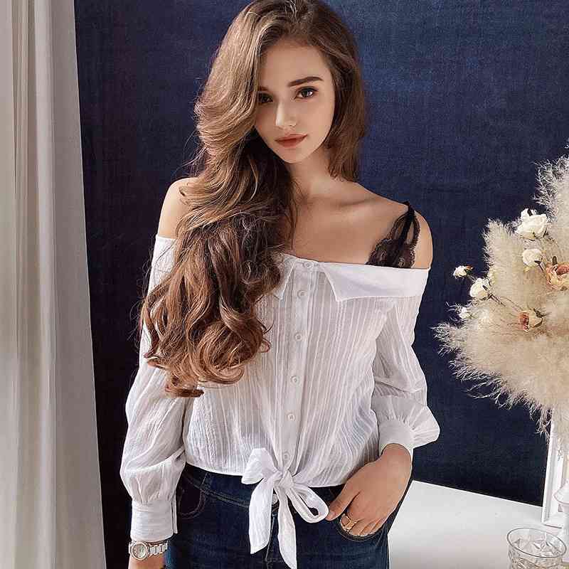 Dabuwawa Sexy Off Shoulder Lace Women Shirt Blouse Lantern Sleeve Cotton Blouse Female Vintage Tops and Blouse DO1AST022 210520
