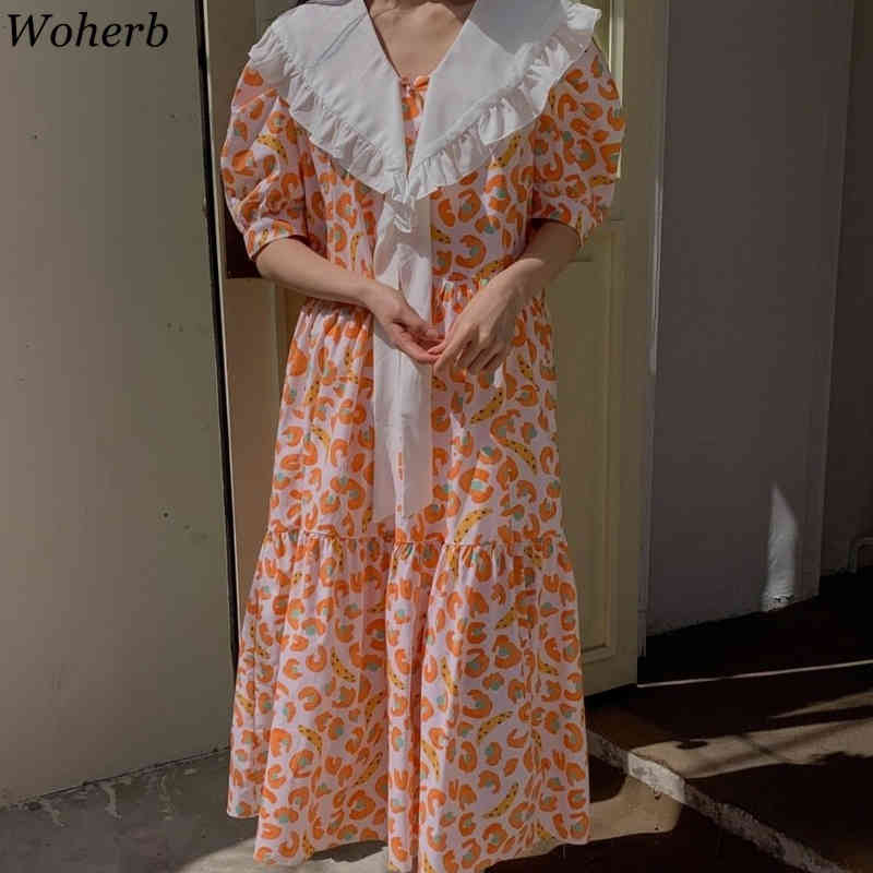 Women Floral Print Dress Korean Fashion Chic Puff Short Sleeve Tie Turn Down Collar Dresses Ladies Elegant Cute Robe 210519