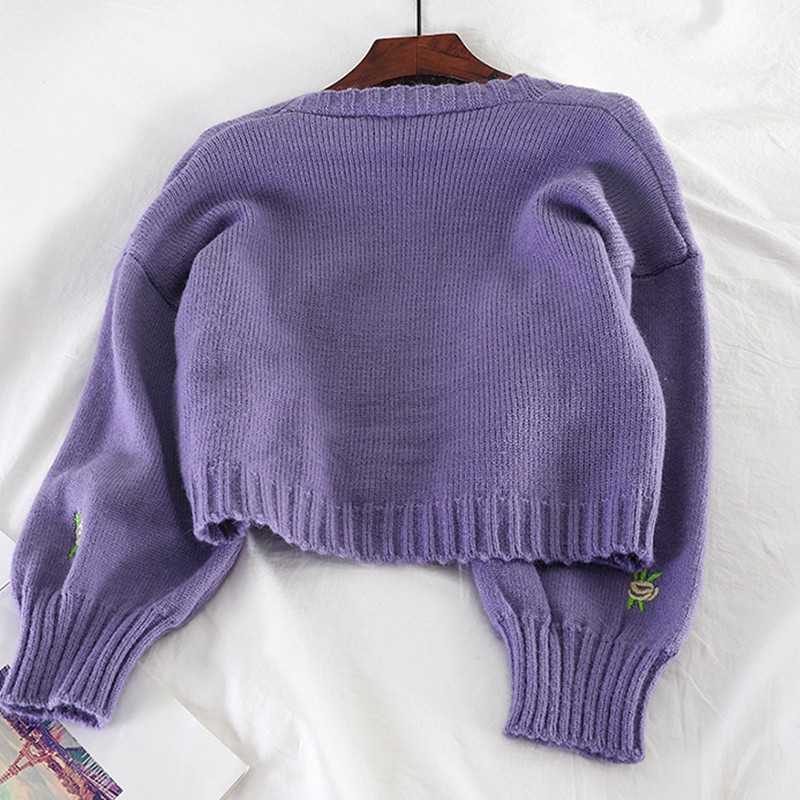 Yedinas Vintage Cardigan Women Sweater Korean Long Sleeve V Neck Knitted Embroidery Ladies Jumper Winter 210527