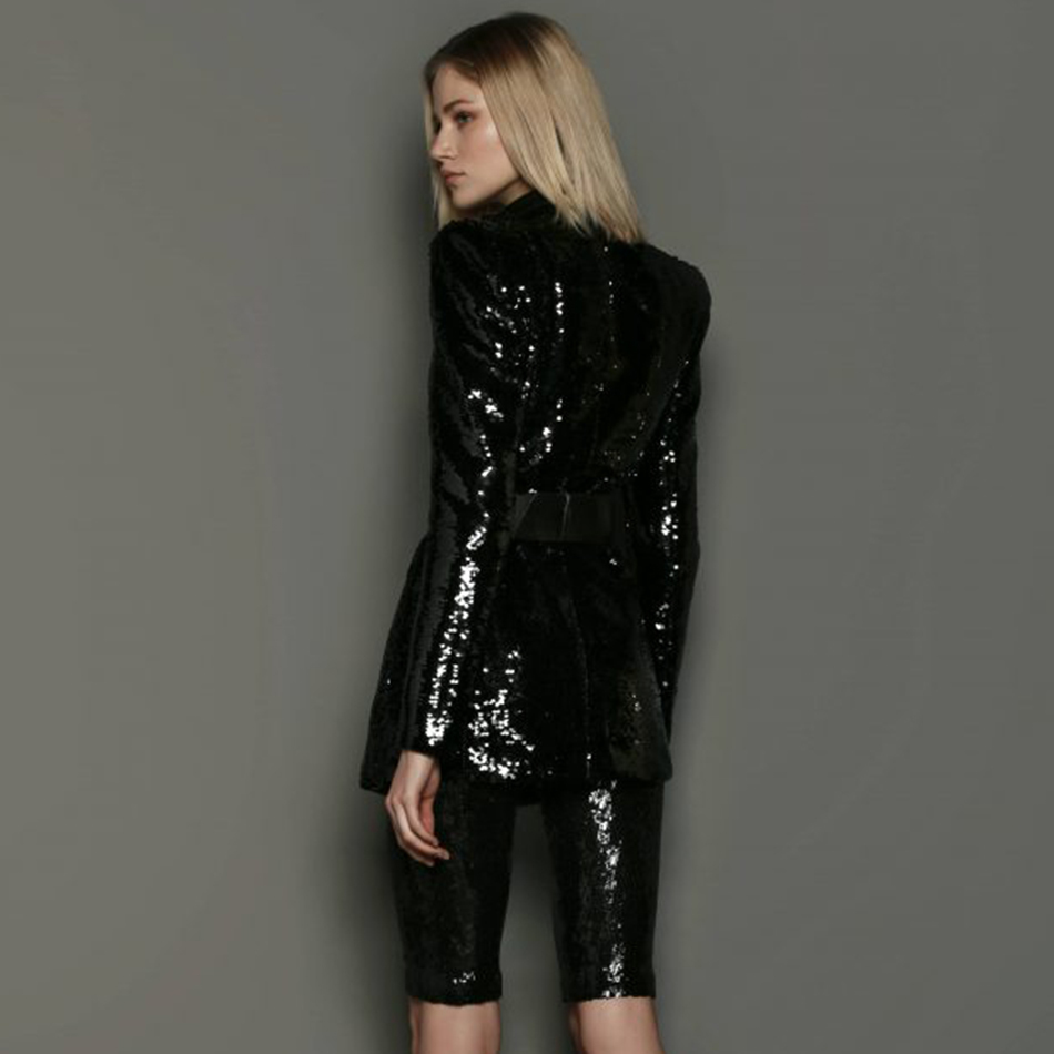 Winter Women Black Sequins V Neck 2 Two Pieces Sets Long Sleeve Coats & Half Shorts Celebrity Runway Party 210423