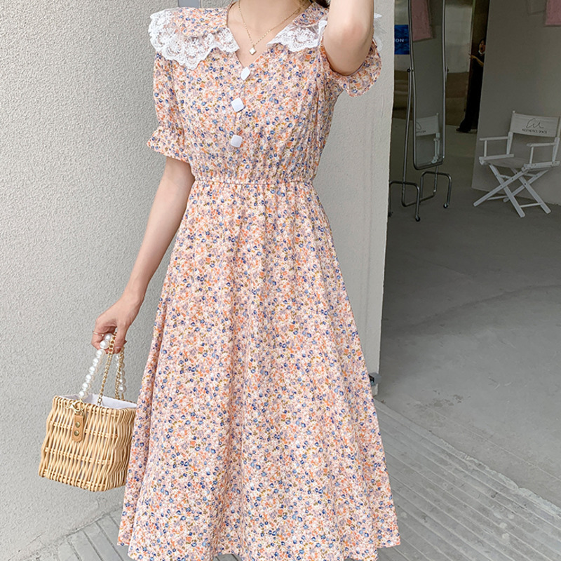 Vintage V Neck Floral Dress Women Elegant Chiffon Midi Peter Pan Collar Short Puff Sleeve Casual Summer 210515