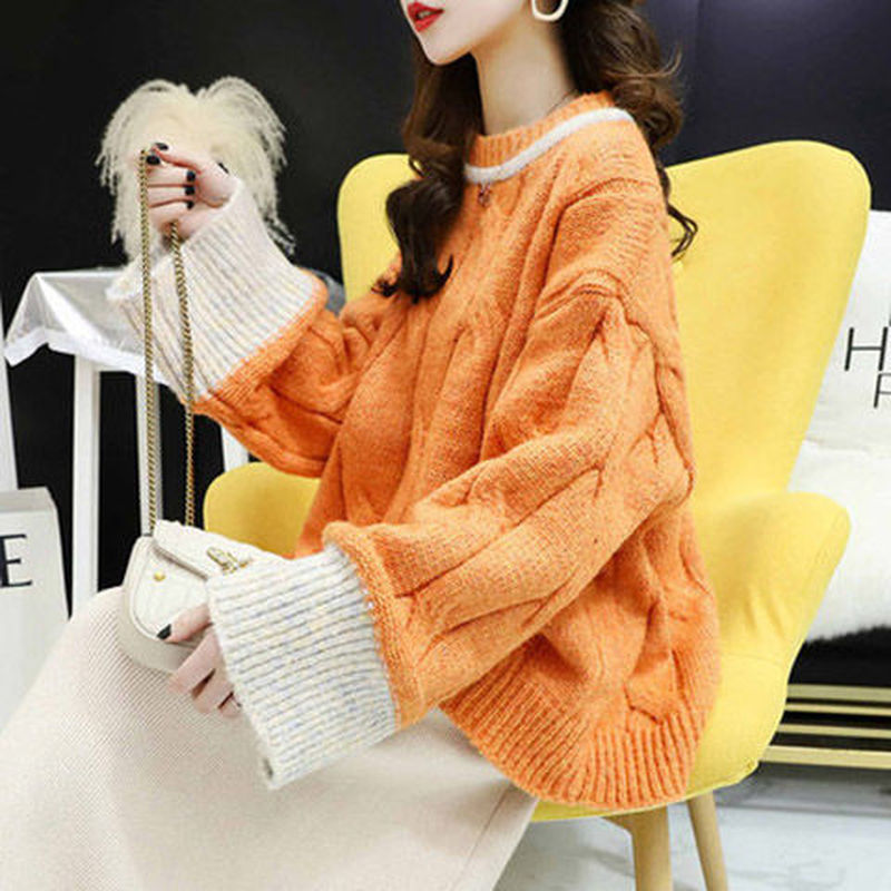 Sweater Women's Loose Korean Version Autumn And Winter Lazy Wind Thick Line Pullover Shirt 210427