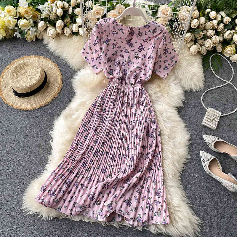 Floral A-line Chiffon Vestidos High Waist Pleated Korean Fashion Summer Dress Dresses Women 210521