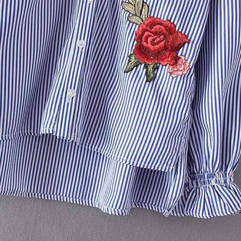 Fashion Women Flower Embroidery patch Striped Shirts Long sleeve Blouses Casual Loose Tops chemise femme blusas S1711 210430
