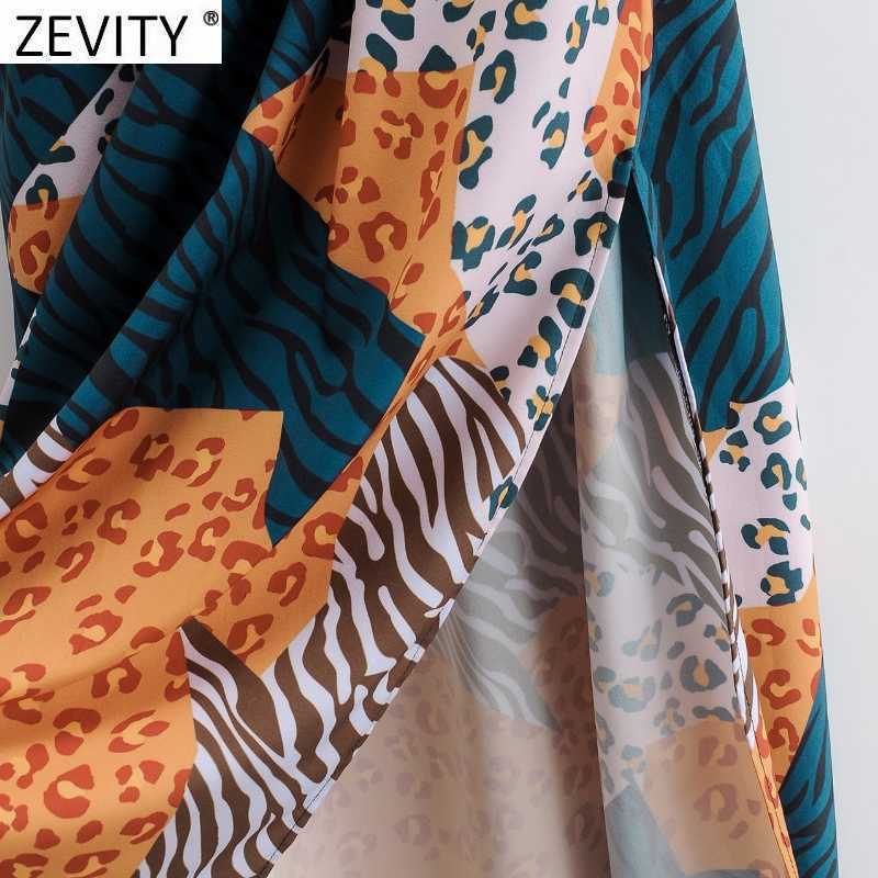 Zevity Women Vintage Leopard Patchwork Print Sashes Shirt Dress Office Ladies Long Sleeve Business Chic Split Vestido DS4681 210603