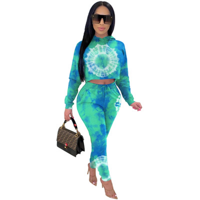 Two Piece Pants autumn and winter women's fashion tie-dye drop shoulder long-sleeved hooded casual suit