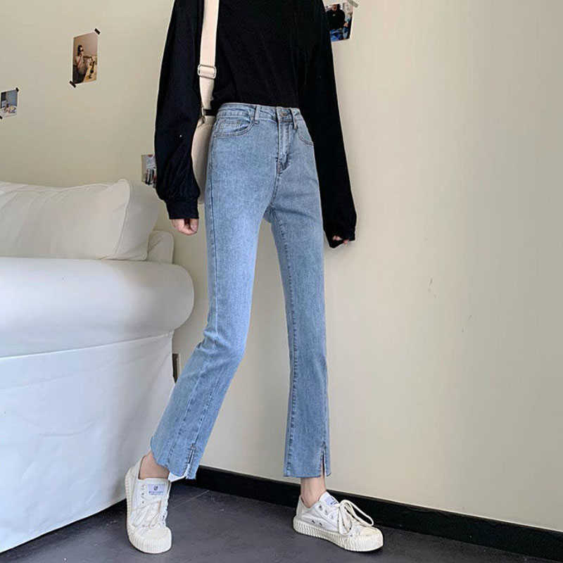 Blue Front Slit Bell Bottom Jean Elastic Skinny Flare Girl Denim Pants Streetwear Ankle-Length Trousers 210809
