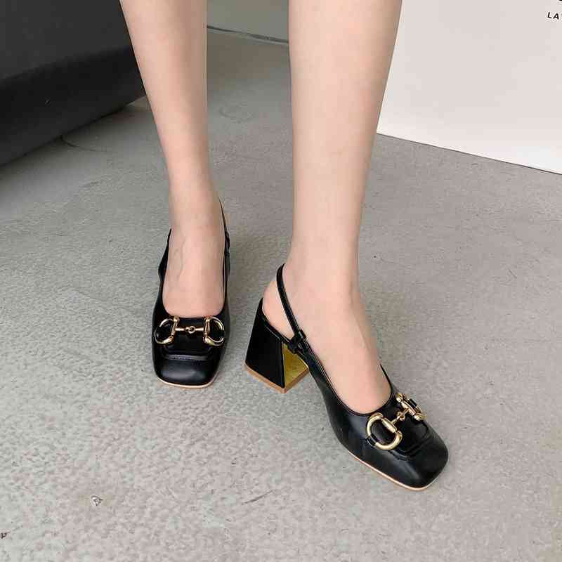 Horse rank buckle sandals women's 2021 Spring Star same style g square head back empty high heels shallow mouth thick heel shoes