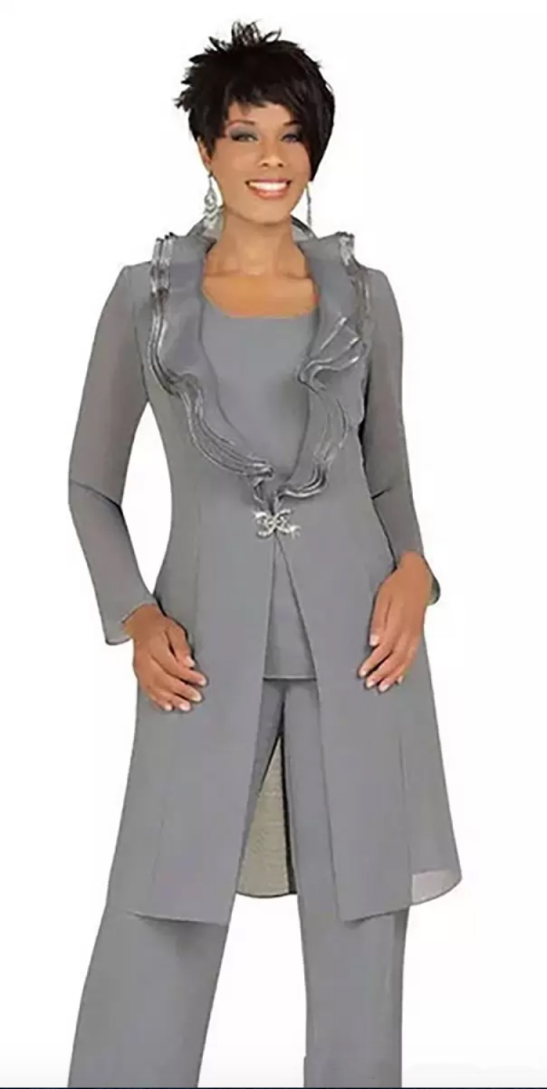 Elegant Gray Chiffon Mother of the Bride Pant Suits with Long Jacket Custom Made Cheap Women Wedding Guest Dresses Evening Outfits