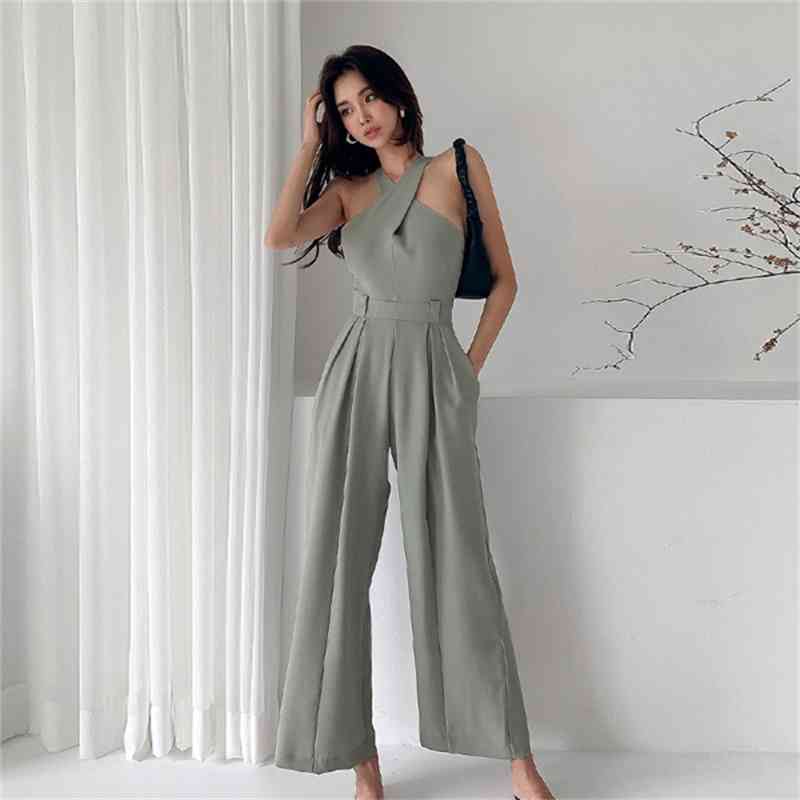 Summer Female Elegant Slim Jumpsuit Trousers Women Casual Office OL Sexy Halter Wide leg pants Overalls 210519