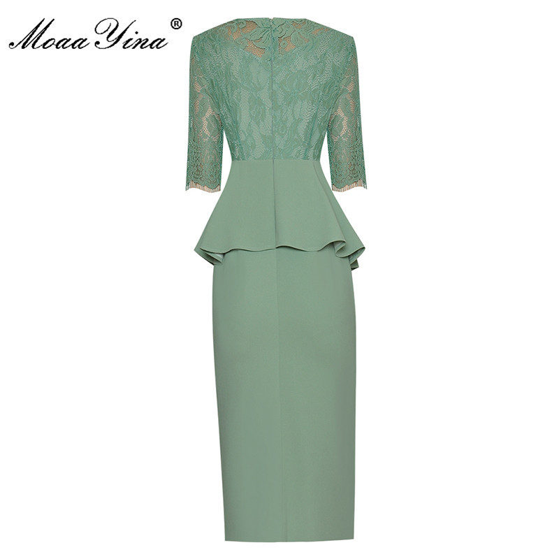 Summer Fashion Party Dress Women's Slim O-neck Lace Short sleeve Embroidered Ruffles Solid Pencil Midi 210524