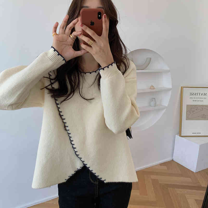 Comelsexy Chic Women Fashion Retro Criss-Cross O-Neck Knitwear Sweater Elegant Loose Casual Solid Soft Korean Pullovers 210515