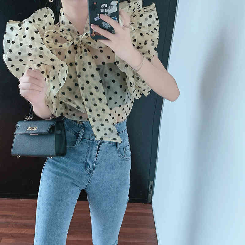 Elegant Sweet Bow Tie Butterfly Sleeve Polka Dot Chiffon Casual Slim Shirt Fashion perspective Sexy Top 210518