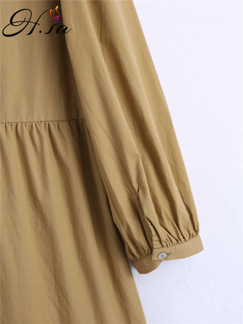 H.SA Ruffles Dress Women Summer Long Sleeve Vestidos Oversized Khaki Pleated Vestidos Pure Cotton Turn Down Collar Dress 210716