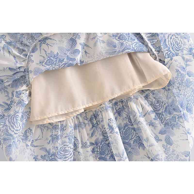 Summer Lace Up Bowknot Spaghetti Strap High Waist French Vintage Printed Ruffle Camisole Dress Female Fashion 210623