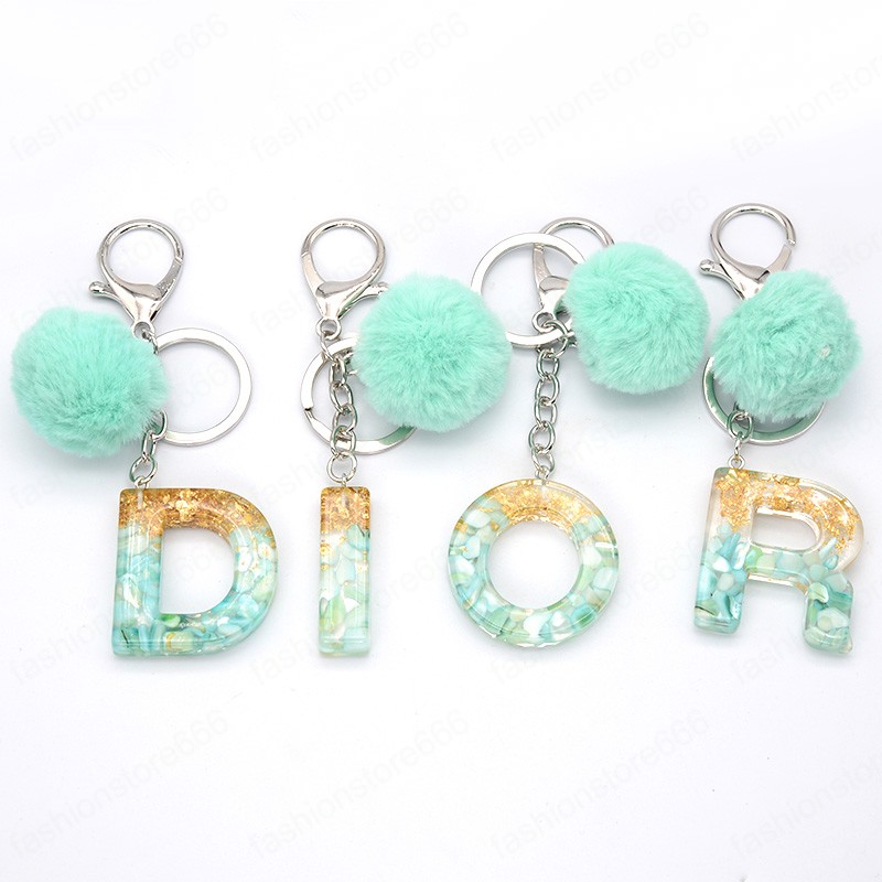 Blue Pompom Letter Keychain English Words Keyring with Fur Ball Glitter Gradient Color Resin Crafts Handbag Charms
