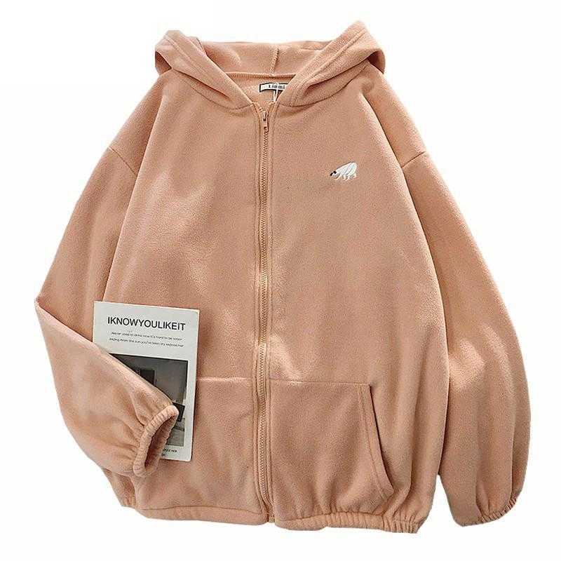 Winter Women's Hoodie Tops Autumn Korean Fashion Animal Embroidery Printing Loose Plush Zipper Sweatshirt 210809