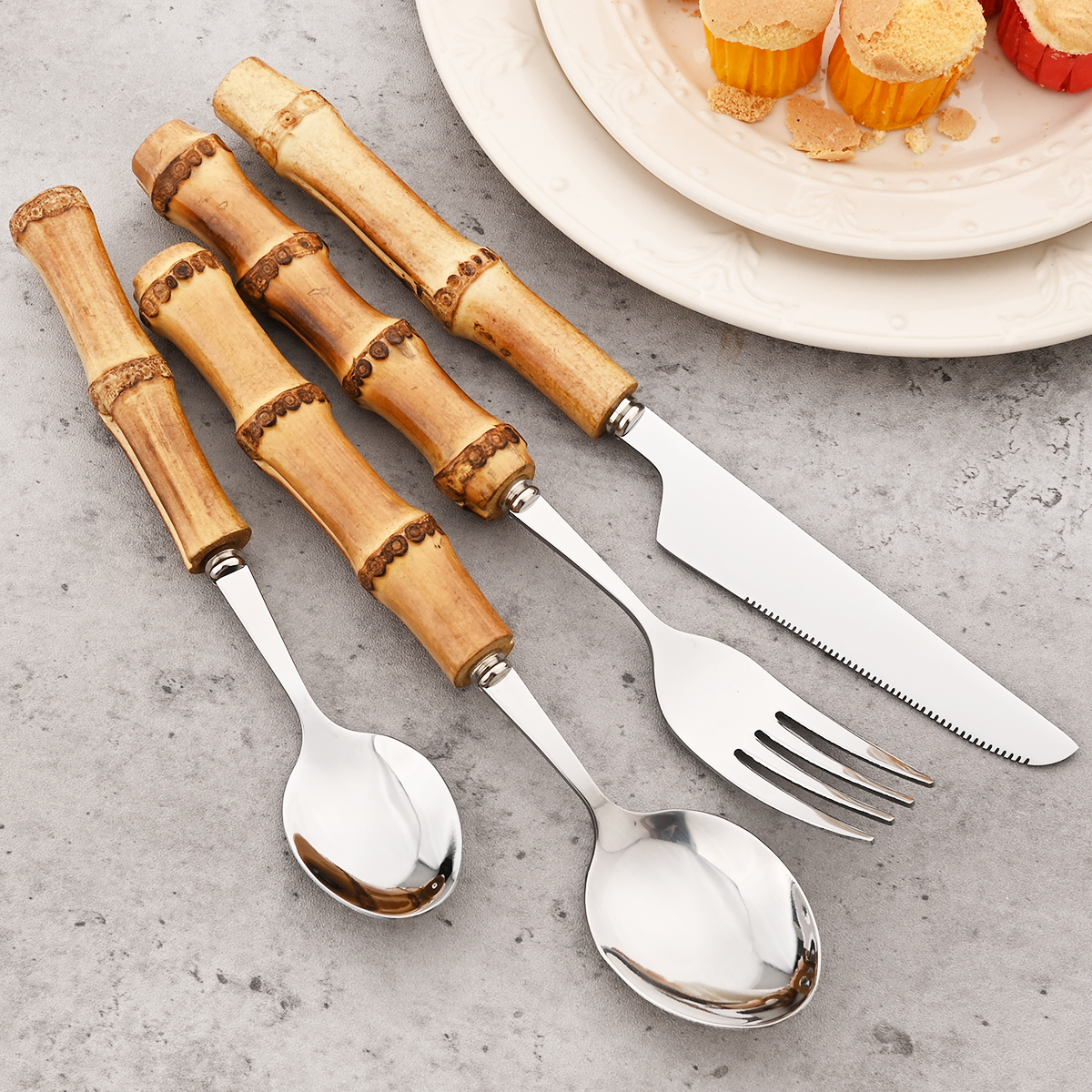 

24pcs Creative Bamboo Handle Cutlery Set Stainless Steel Tableware Steak Knife Fork Spoon Teaspoon Flatware Kitchen Tableware, Silver