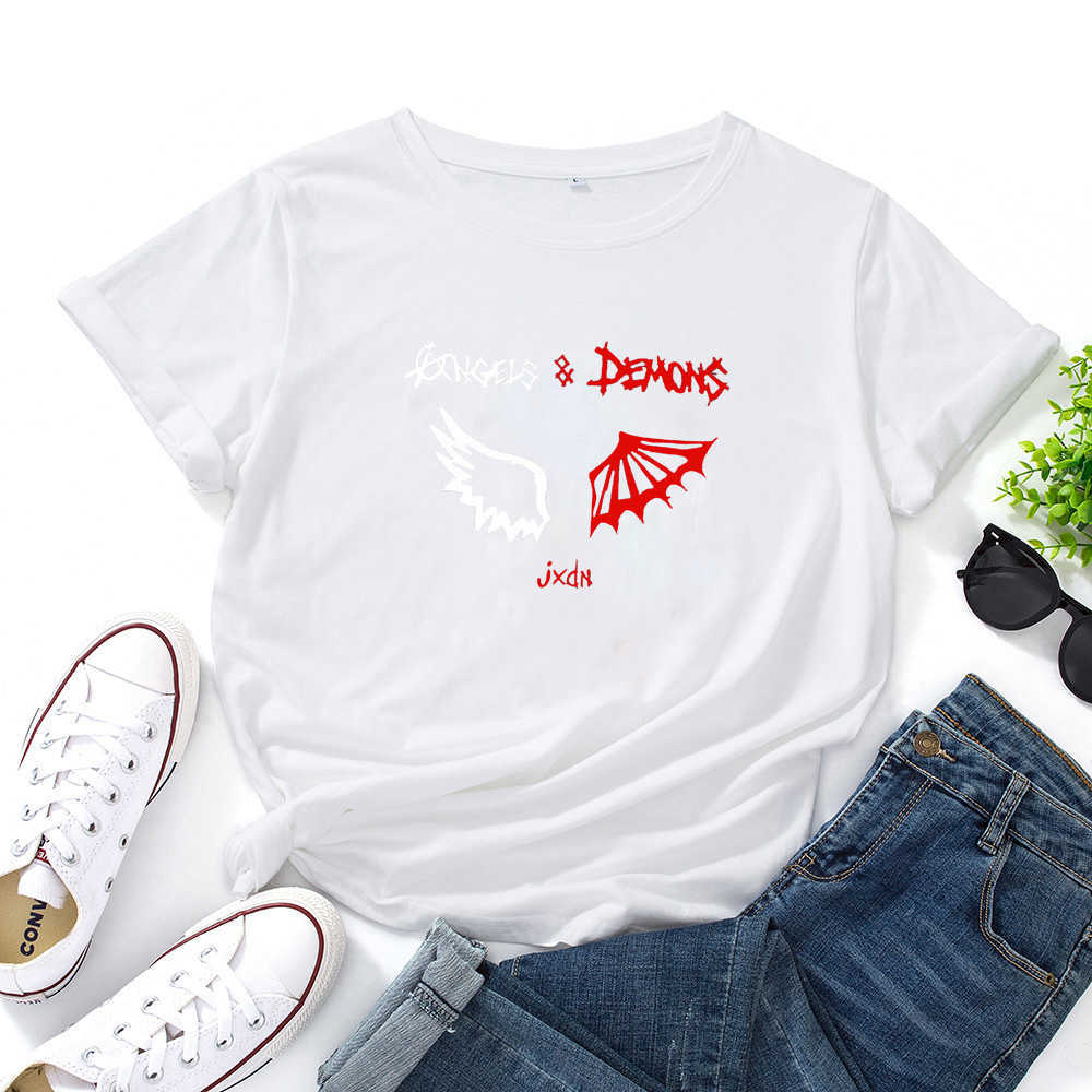 Angels&demons Jxdn Tshirt Women Cotton Short Sleeve O-neck T Shirt for Women Black White Letters Personalized T-shirt Women 210527