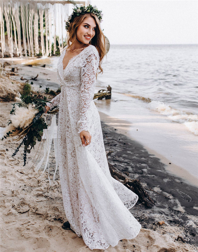 Boho Lace Wedding Dresses For Women Bride 2021 Long Sleeve Backless A-Line Bohemian Bridal Gowns Marriage Dress Vestido De Noiva 0431