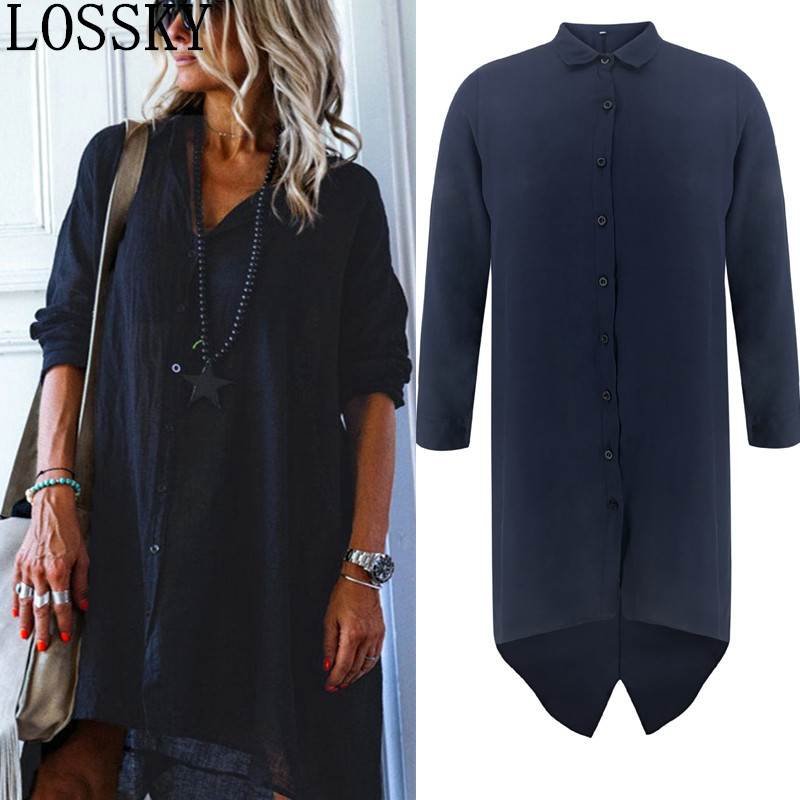Women Loose Solid Midi Ladies Office OL Shirt Dress Casual Blue Button Long Sleeve Lapel Summer Autumn Vestidos 210507