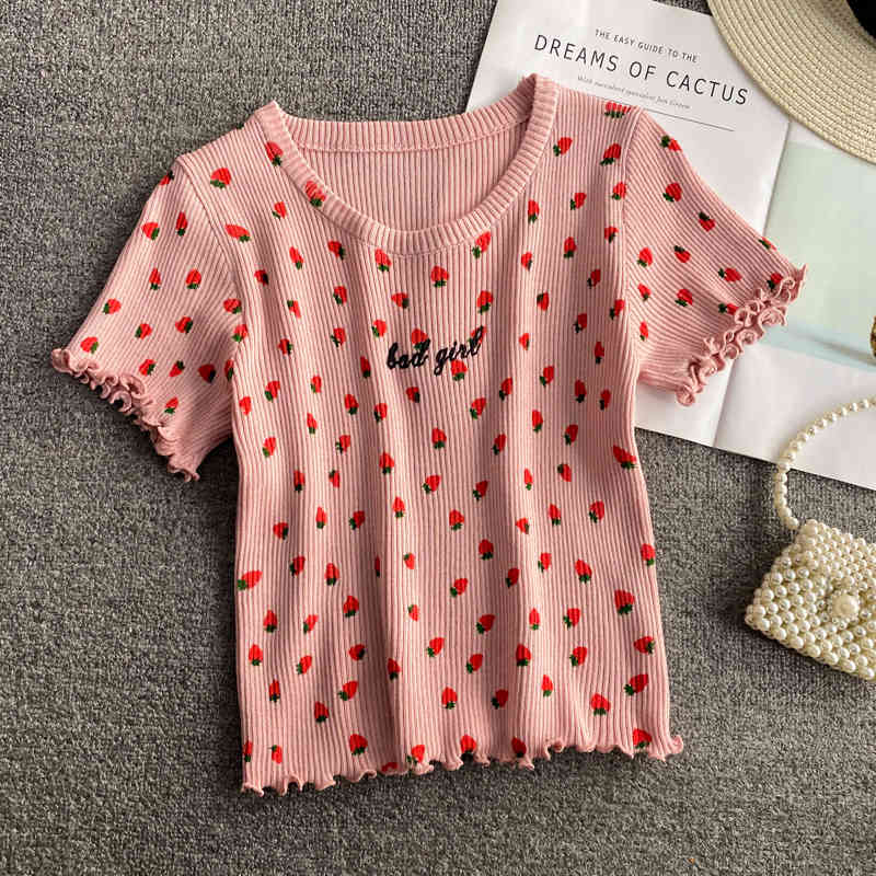 Sweet Retro Girls O Neck Short Sleeve Strawberry Print Tshirt Women High Waist Crop Tops Summer Wild Skinny Knitted Tees Chic 210429