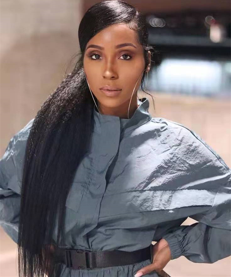 instragram hot long black coarse yaki human hair ponytail wrap around kinky straight brazilian pony tail hairpiece 140g