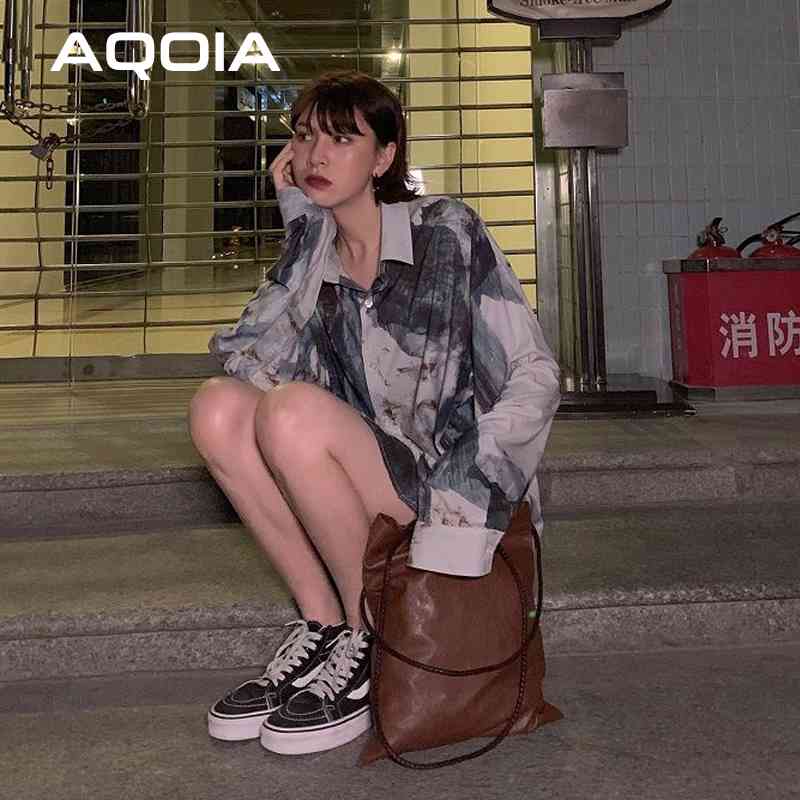 Chic Casual Abstract ink printing Long Sleeve Women Blouse Tunic Shirt Turn-Down Collar Loose Spring Oversize Ladies Tops 210521