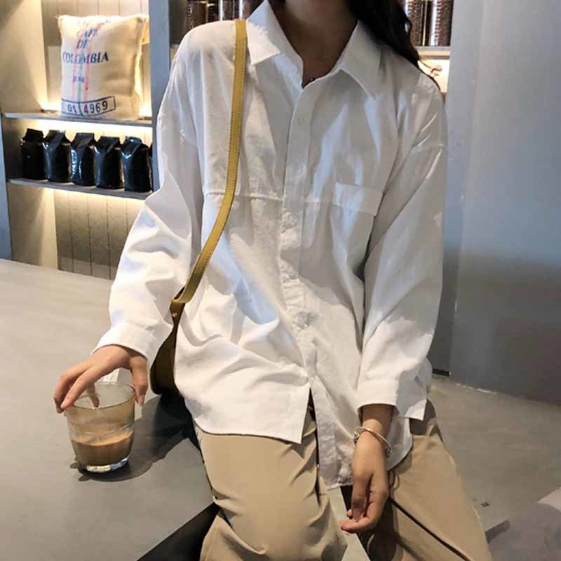 Turn-down Collar Minimalist Loose White Shirts Solid Female Shirt Tops Women Spring Splicing Cardigan Blouses Blusas 11890 210508