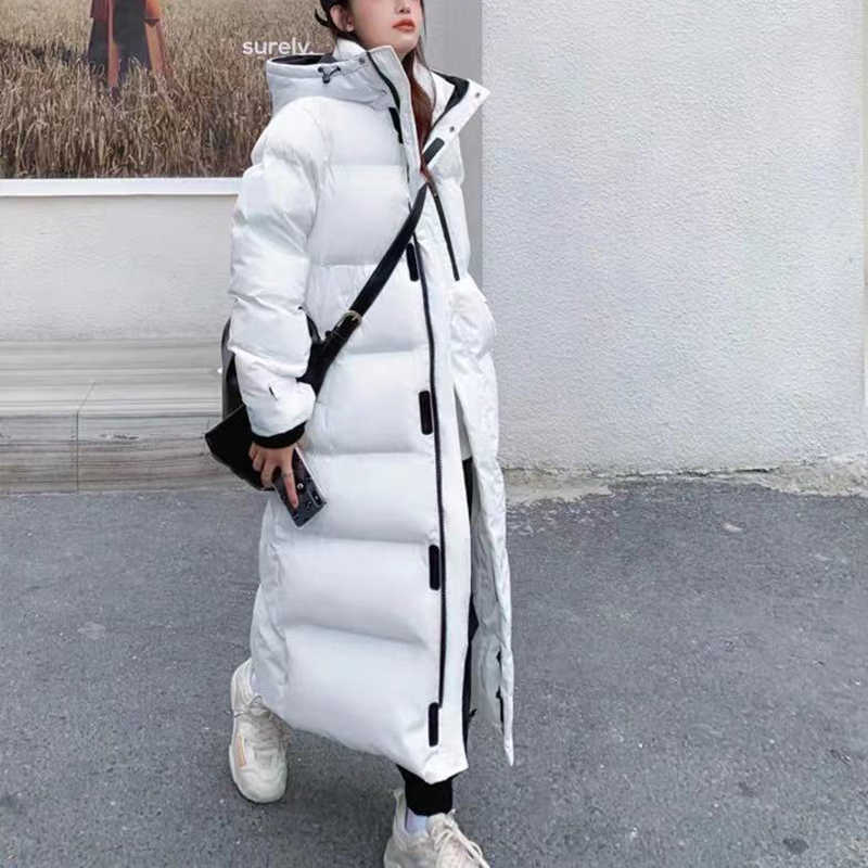 Long Down Jacket Women'S Coat Winter Korean Oversized Thick Warm Hooded Parka Black White Cotton Jackets 211013