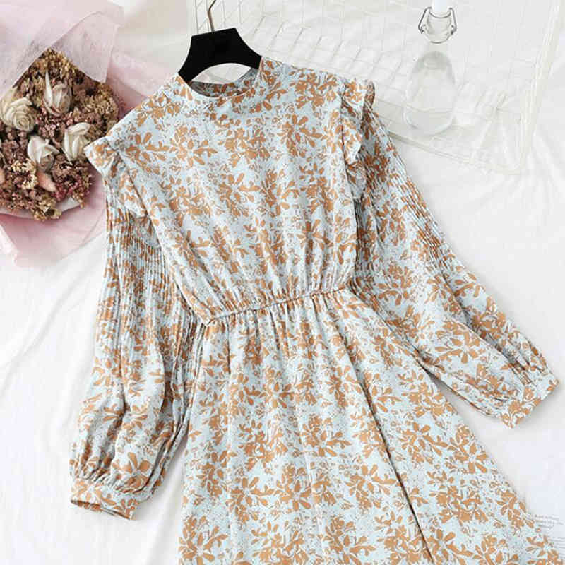 Elegant O-neck Women Midi Dress Casual Elastic Waist Long Sleeve Print A-line Chiffon Dresses Vintage Party Vestidos 210521