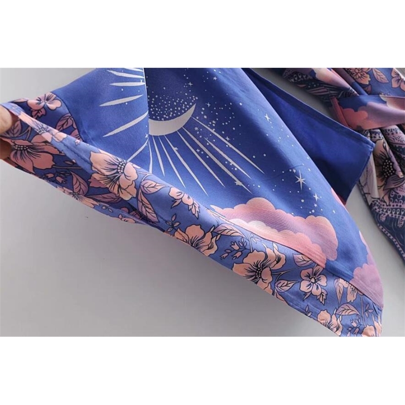 Bohemian Women Blue Space Moon Flower Print Kimono Shirt Holiday Beach Tide Bow Sashes Mid Long Cardigan Blouse BOHO Tops 210317
