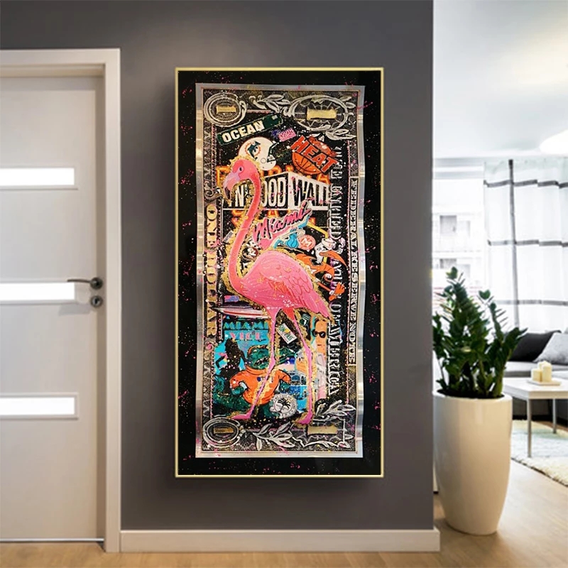 Graffiti Flamingo On Golden Dollar Abstract Art Prints Money Pictures On Canvas Wall Painting For Living Room Home Decor Posters