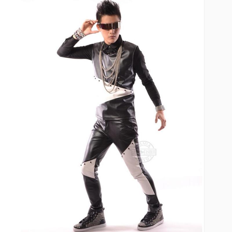 The United Europe States Large Size Black And White Pu Leather Stitching Rivets Dj Hip-hop Men Singer Casual Clothing /s-5xl Men's Jackets