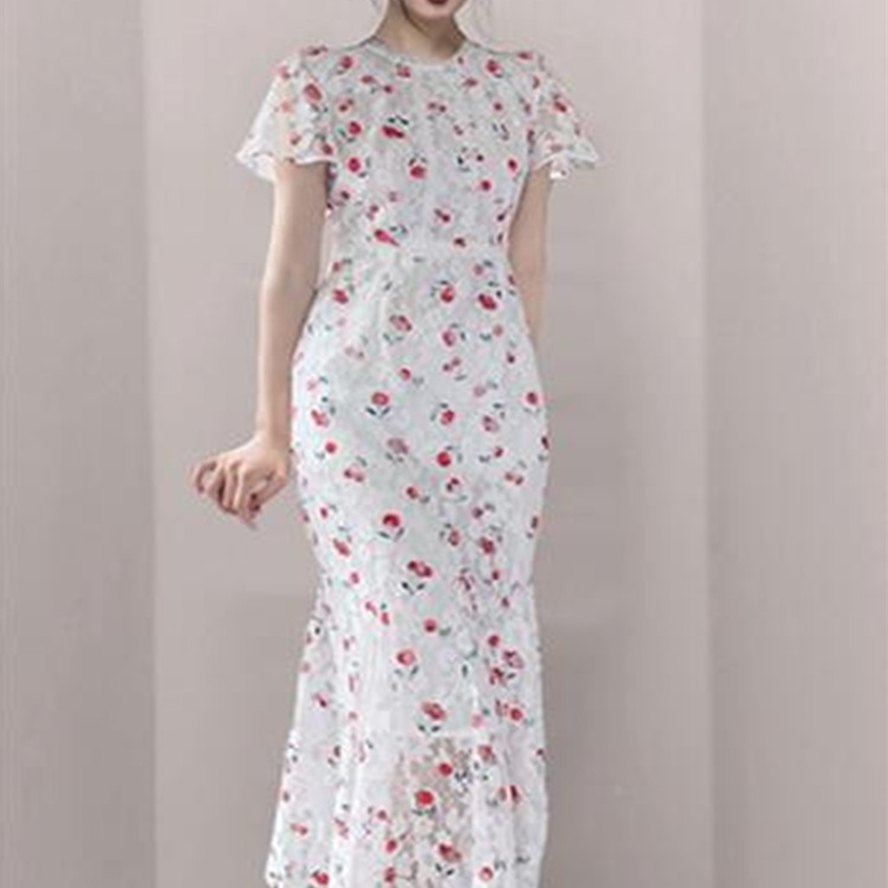 Summer Elegant O-neck Cherry Print Women Dress Short sleeve Slim Bohemia Lace es A-Line Ladies Wrap Vestidos 210520