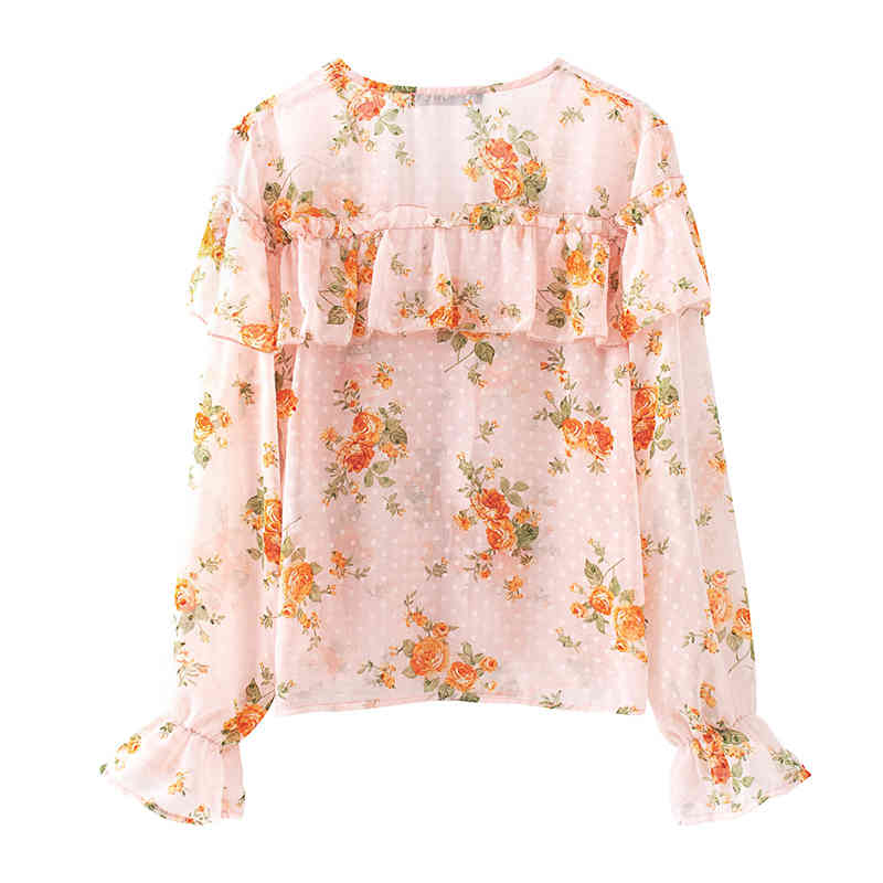 Women Ruffled Floral Transparent Chiffon Blouse Thin Long Sleeve V-neck Chic Shirts Female Summer Top High Street Femme Vestiods 210521