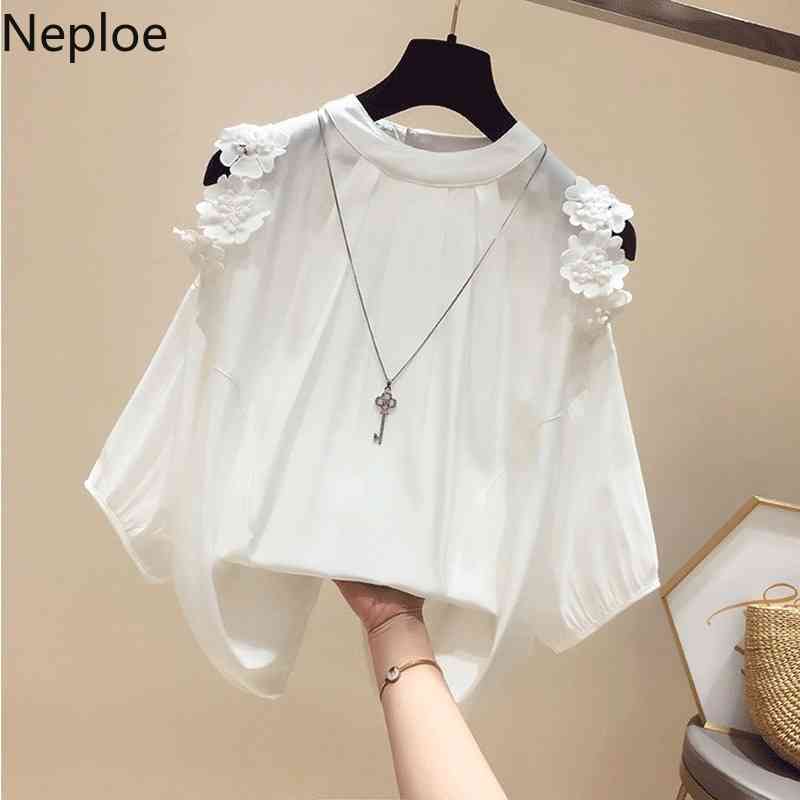 Neploe Tops Mujer O Neck Shoulder Strapless Sexy Chiffon Shirt Feminino Pullover Long Sleeve Loose Solid Blusas Spring Blouse 210422